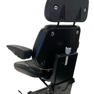 Rear view of SN6 suspension seat with durable black vinyl upholstery and removable shoulder res