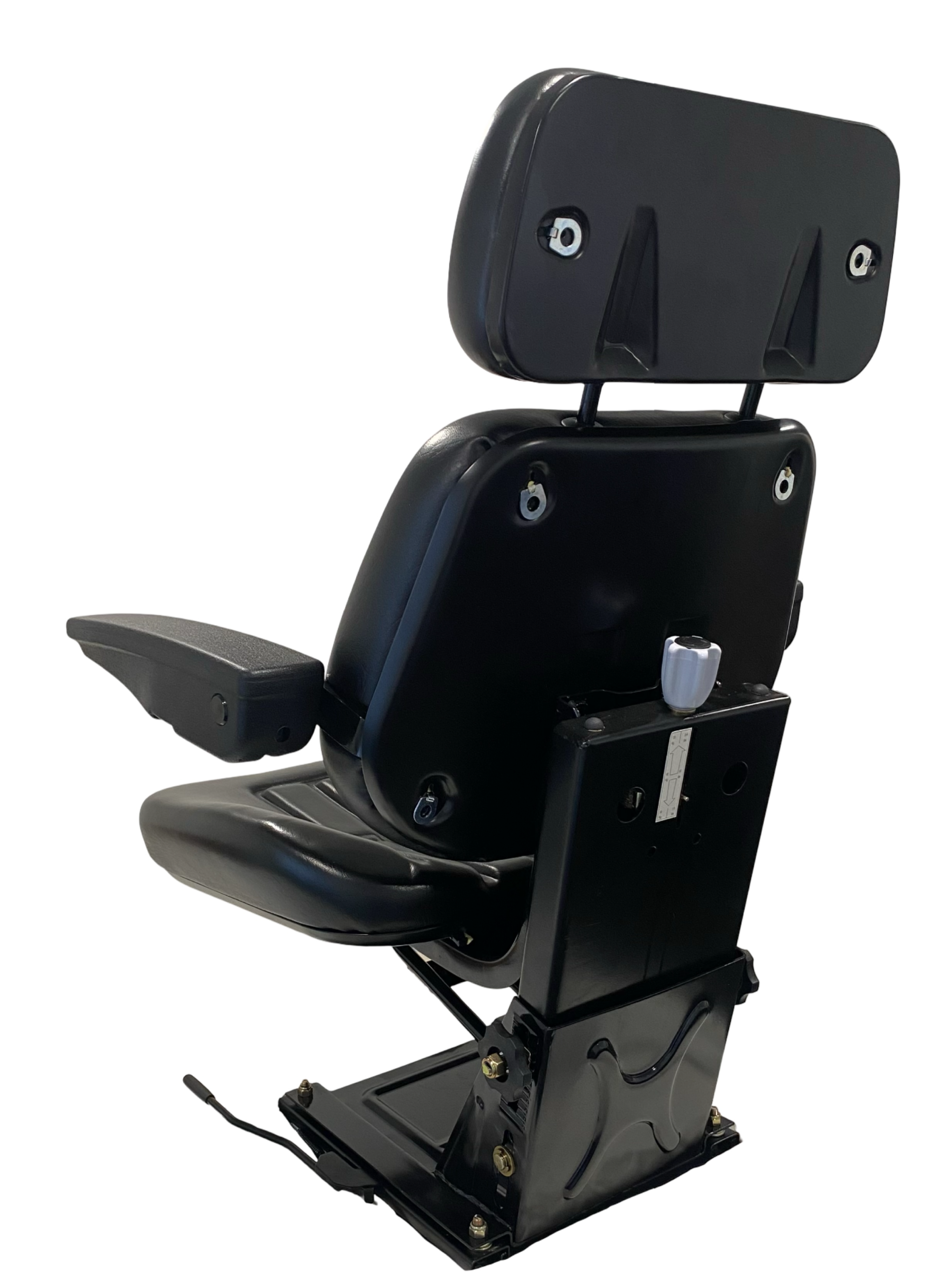 Rear view of SN6 suspension seat with durable black vinyl upholstery and removable shoulder res