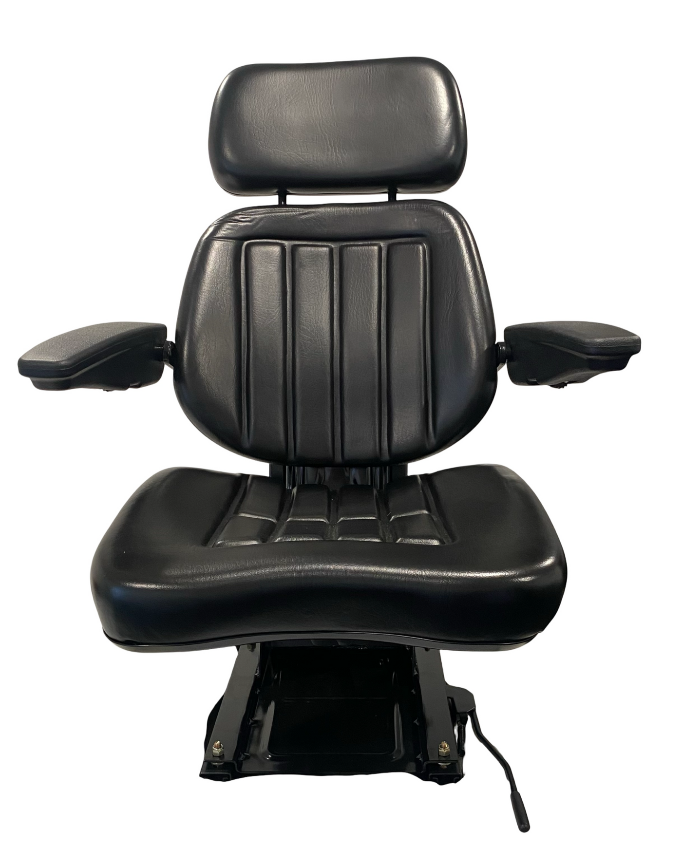 Front view of SN6 mechanical suspension seat in black waterproof PU vinyl – ideal for tractors, ride-on mowers, and small machinery