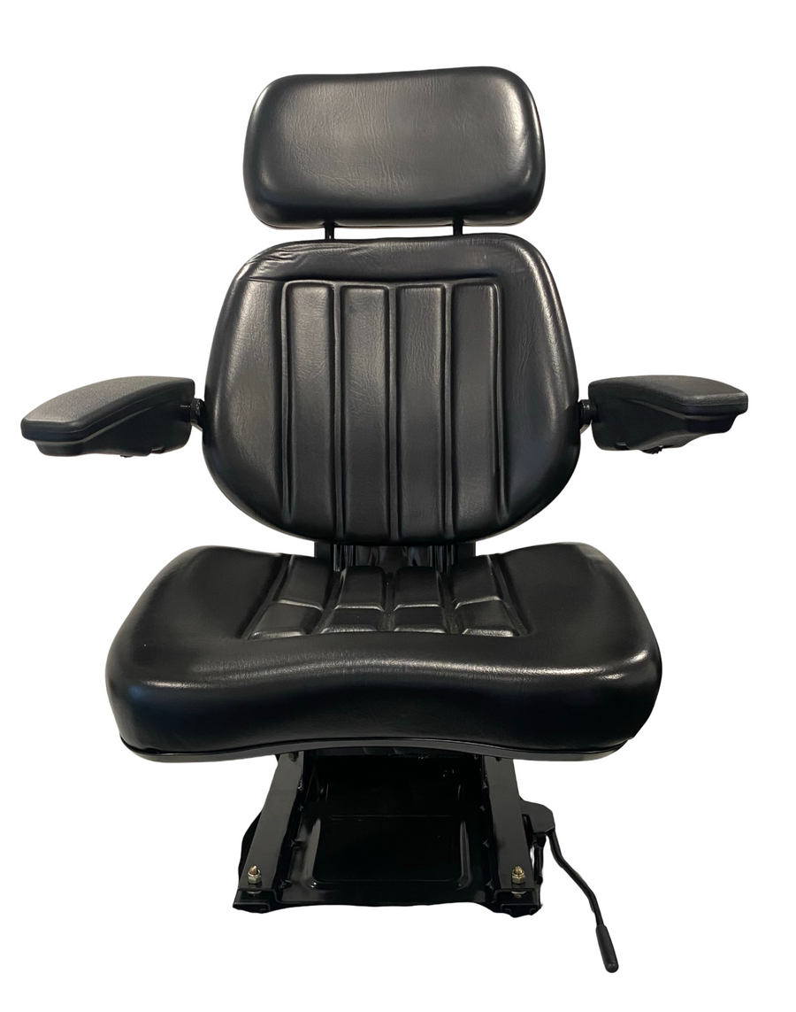 Front view of SN6 mechanical suspension seat in black waterproof PU vinyl – ideal for tractors, ride-on mowers, and small machinery