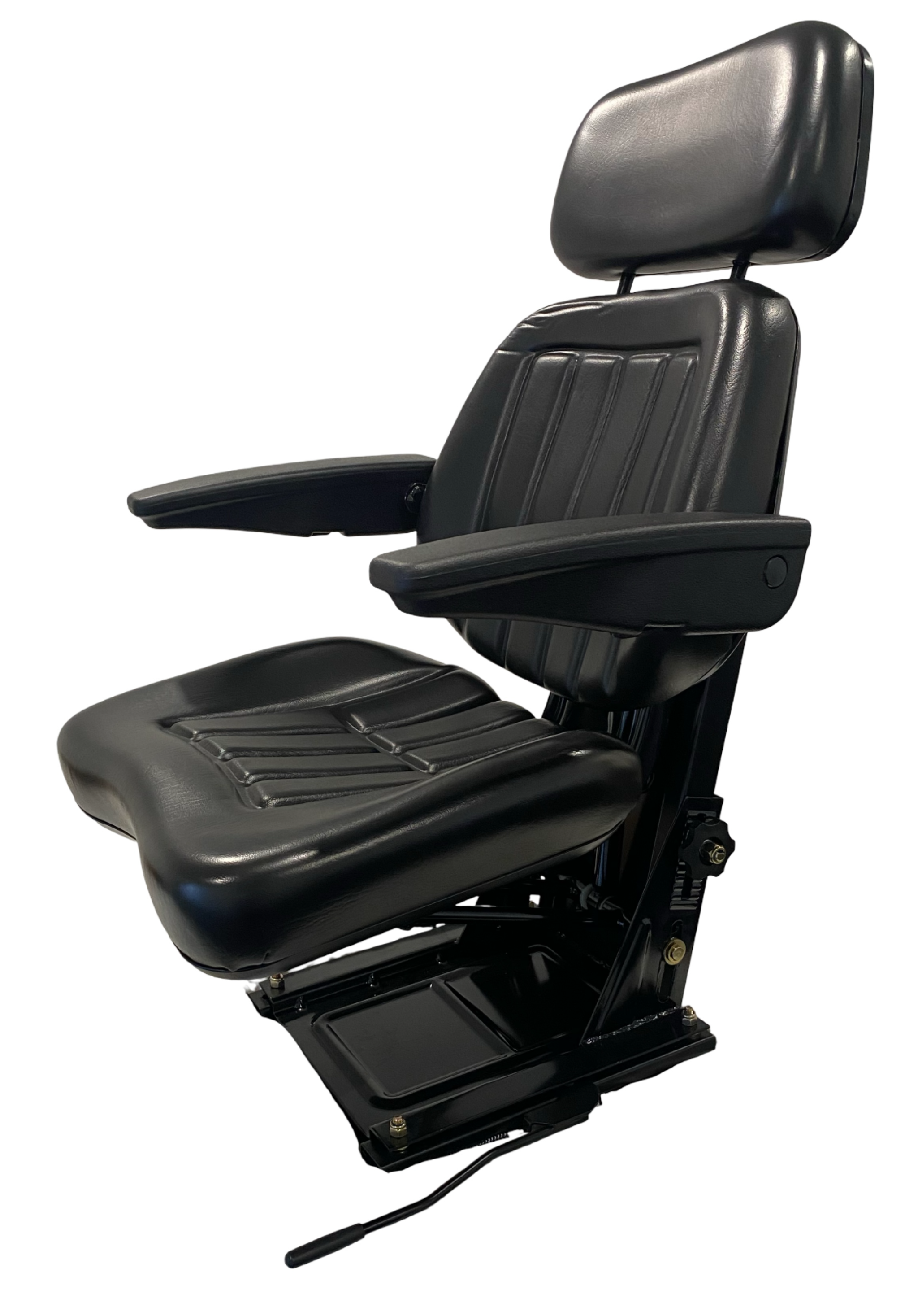 Left side profile of SN6 mechanical suspension seat with weight adjustment, slide rails, and ergonomic armrest