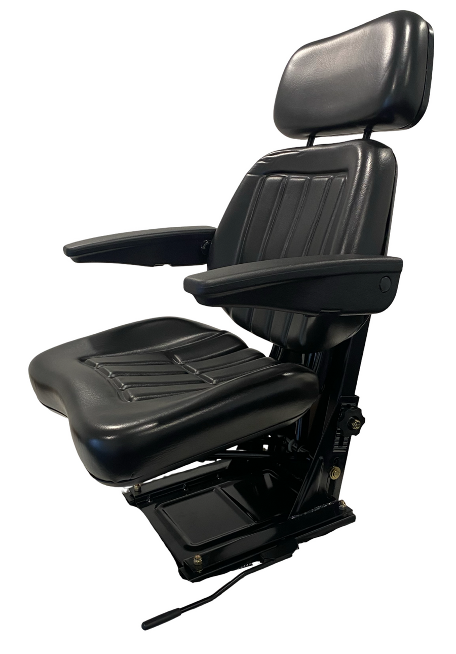 Left side profile of SN6 mechanical suspension seat with weight adjustment, slide rails, and ergonomic armrest
