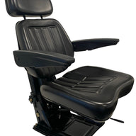 Right side profile of SN6 suspension seat showing adjustable armrest, seat height, and premium black vinyl trim