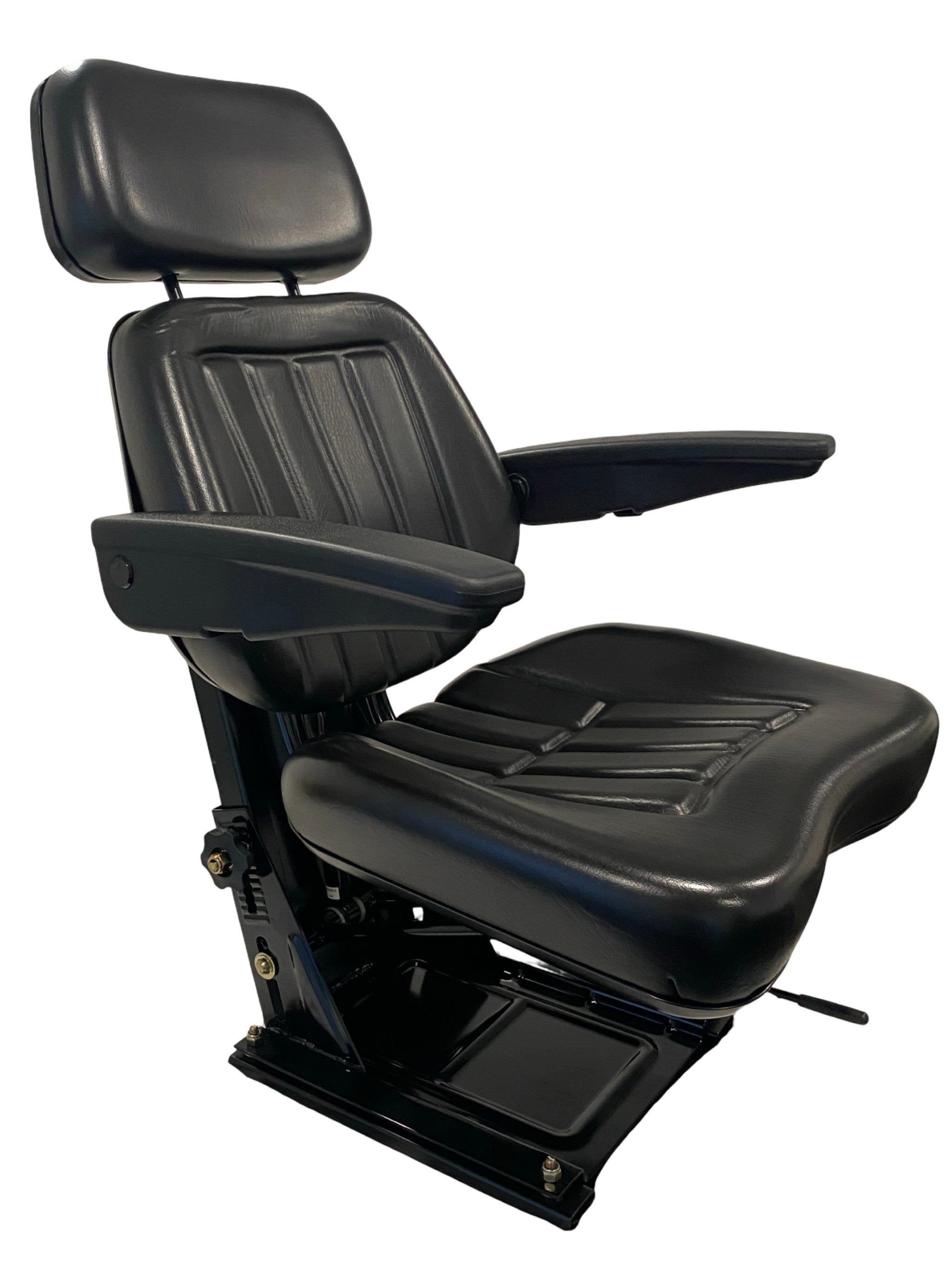 Right side profile of SN6 suspension seat showing adjustable armrest, seat height, and premium black vinyl trim