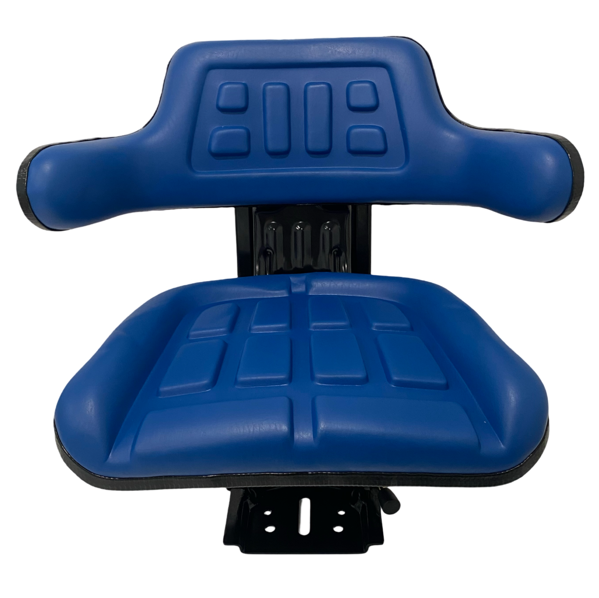 Front view of SN7 suspension seat in blue waterproof vinyl with ergonomic wrap-around backrest