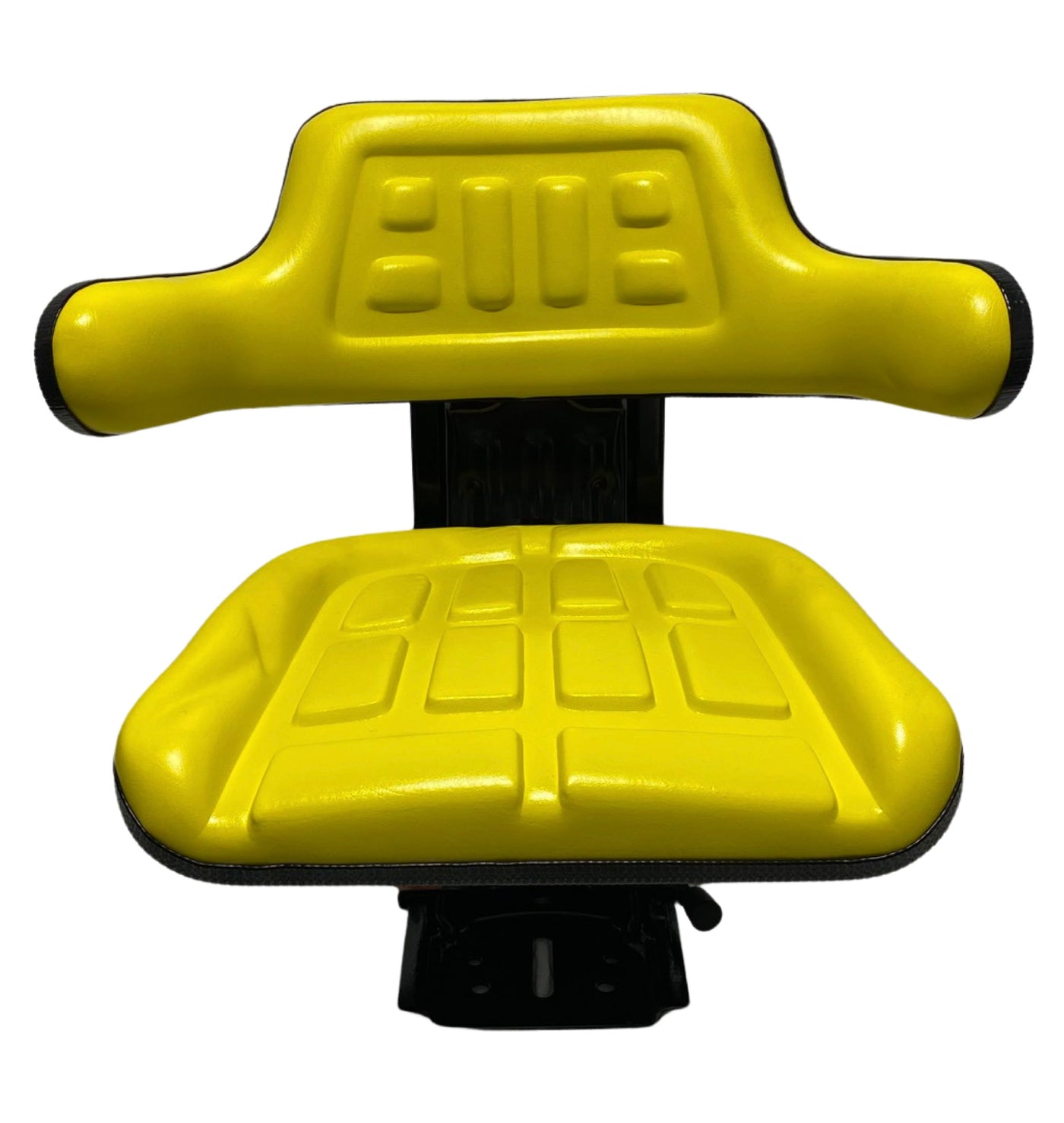 Front view of SN7 suspension seat in classic John Deere yellow PU vinyl for tractors, construction, and earthmoving equipment