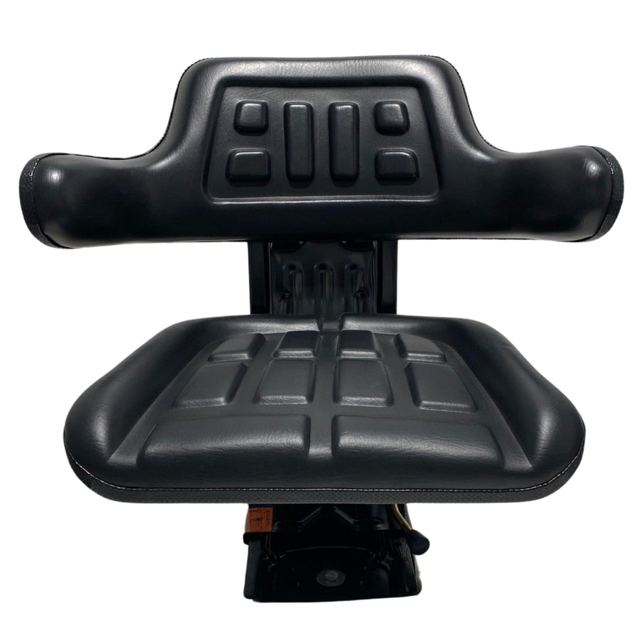 Front view of SN7 mechanical suspension tractor seat in black waterproof PU vinyl with wrap-around backrest