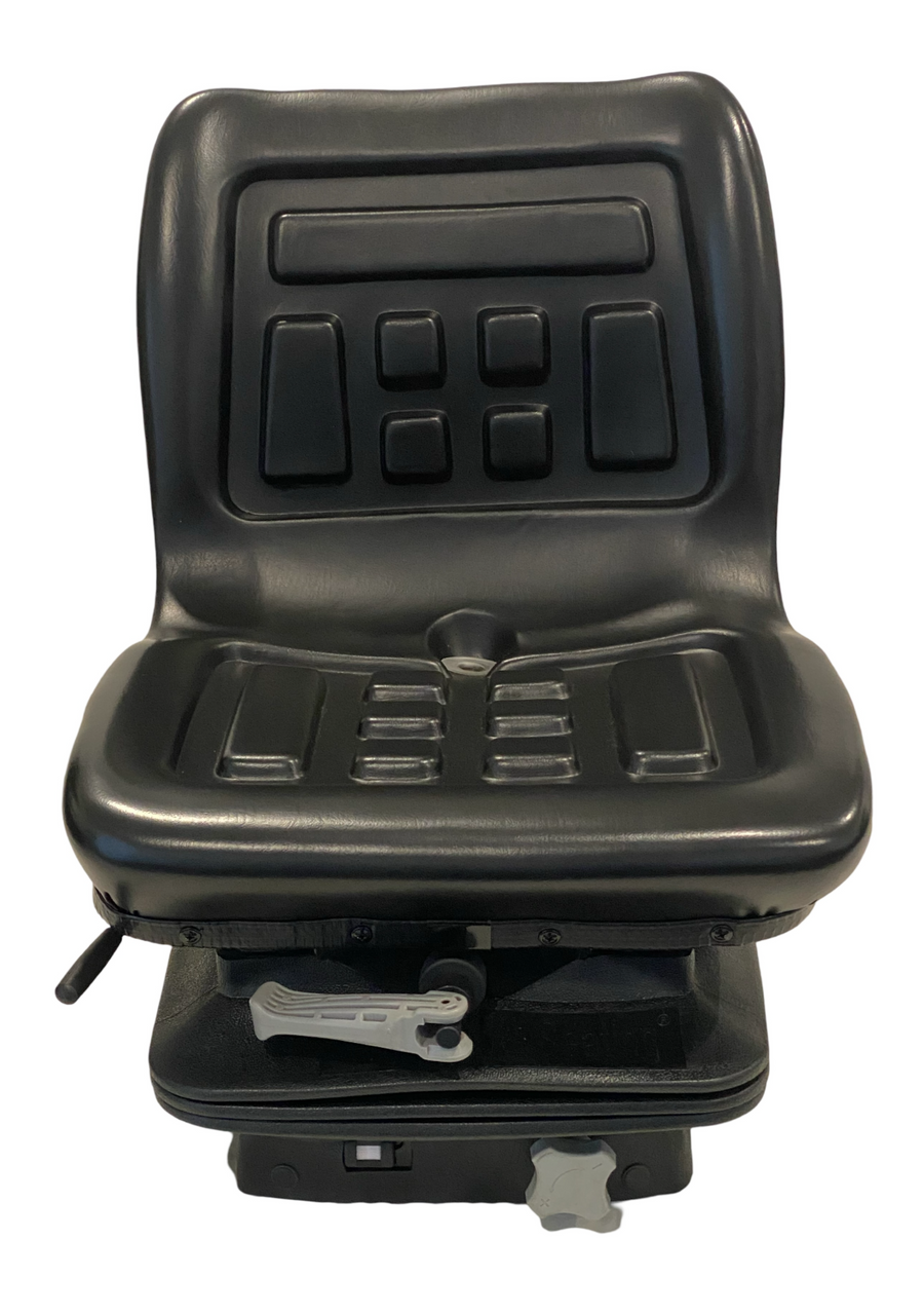 SW-SC6 narrow mechanical suspension seat – compact black PVC pan seat with slide rails and water drain hole, ideal for horticulture machinery and small tractors.