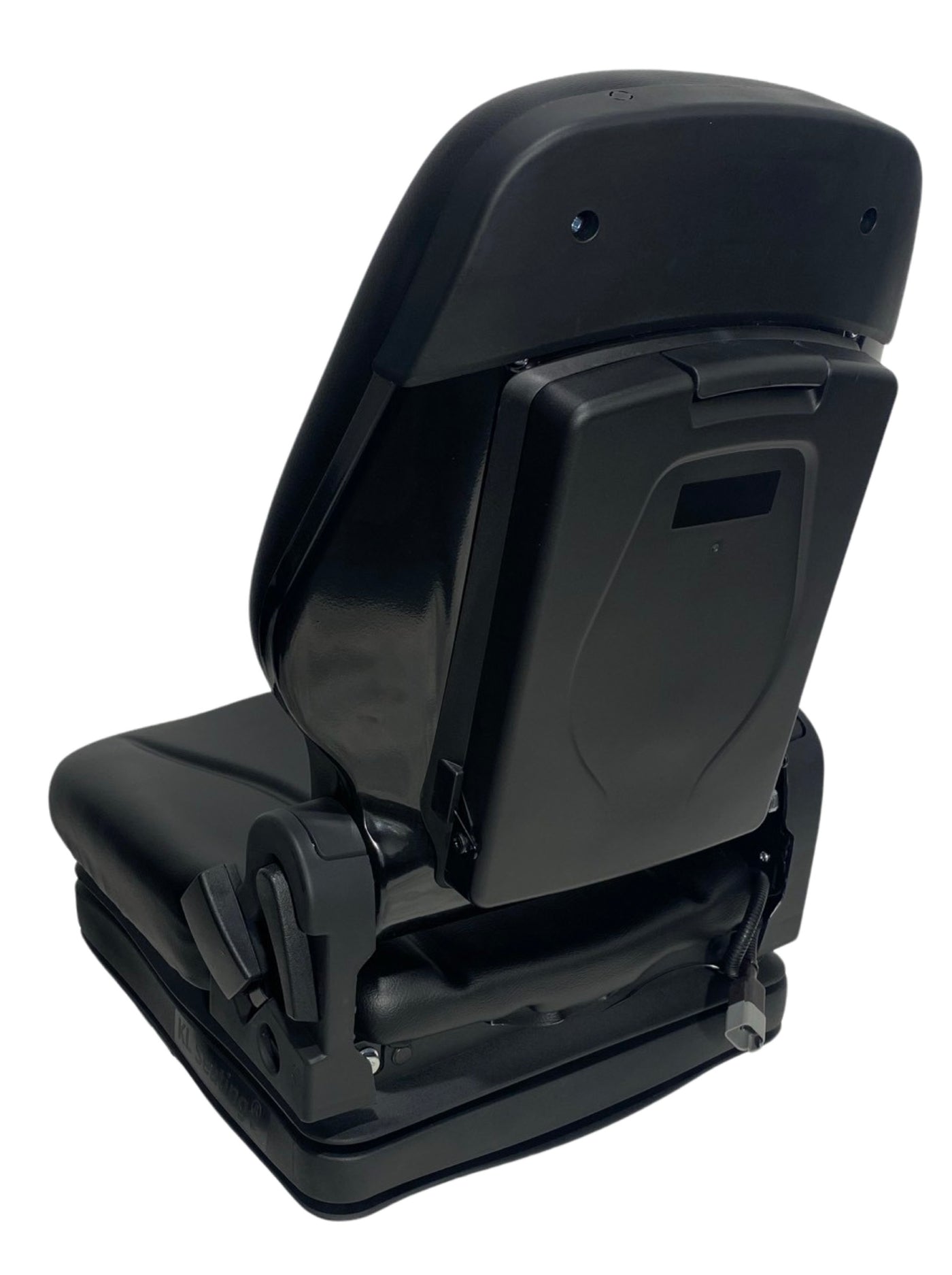 Rear view of SW10 suspension seat with document box, operator present switch, and durable PU vinyl covering