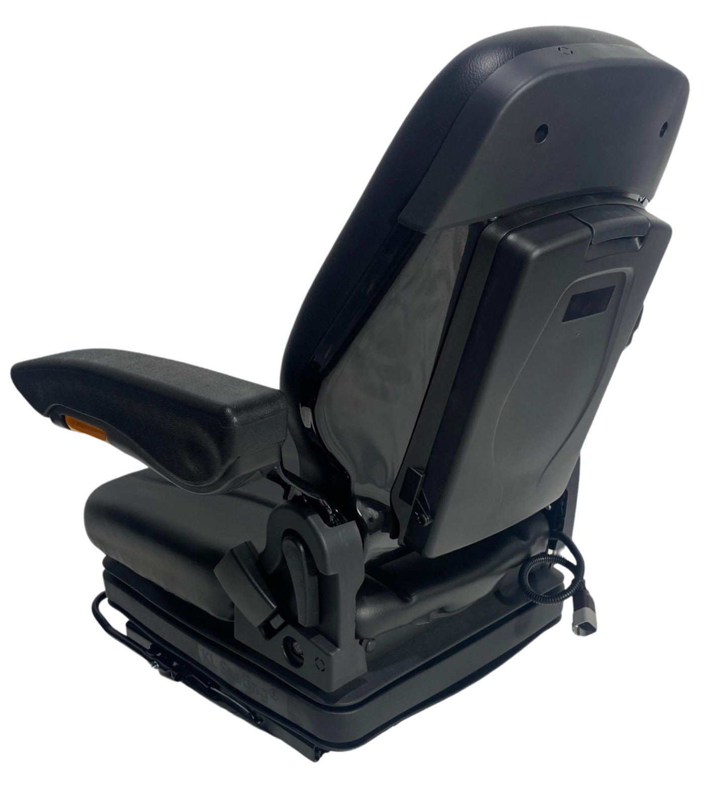 Rear view of SW10A mechanical suspension seat with document box, waterproof PU vinyl trim, and operator present switch