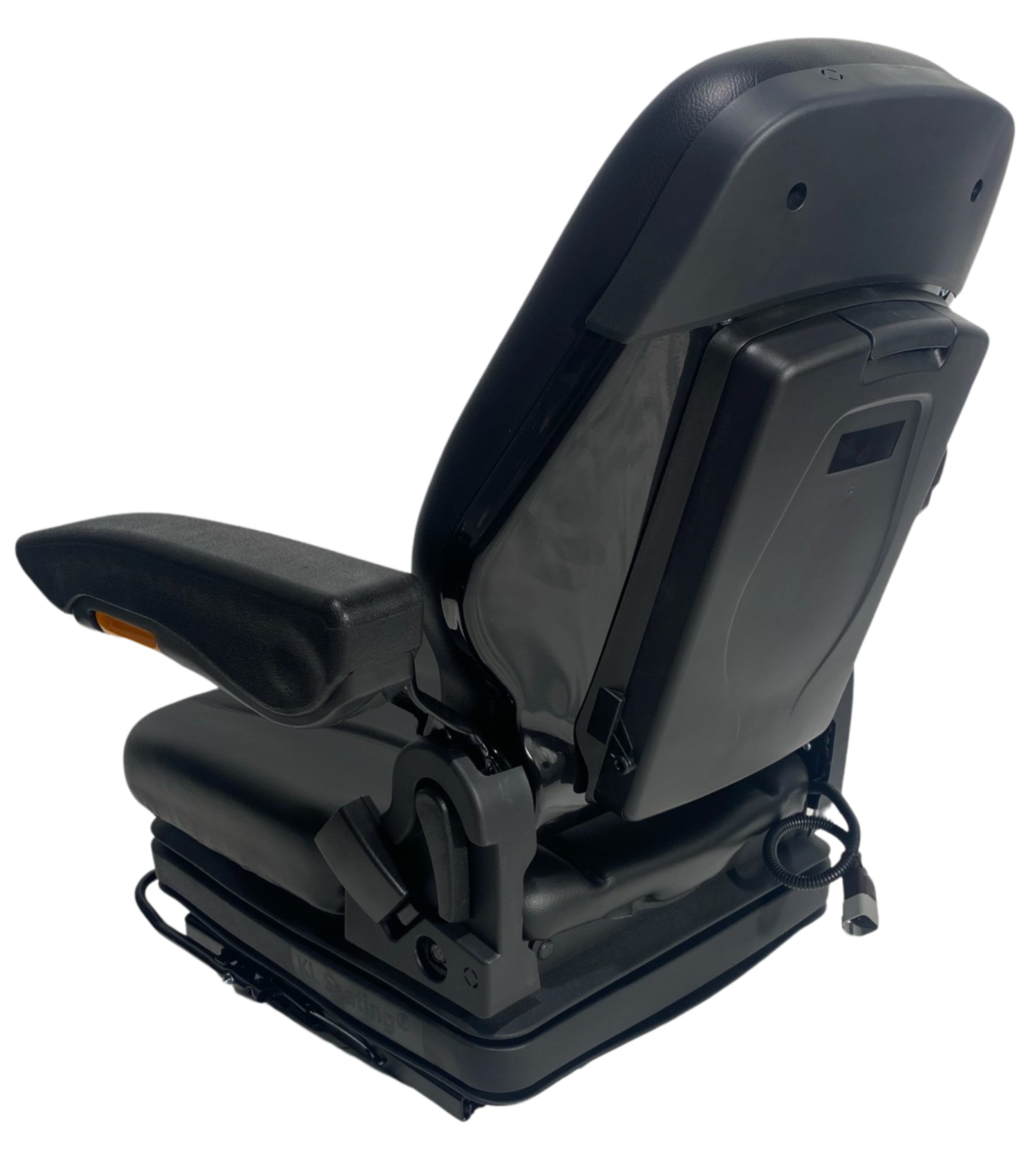 Rear view of SW10A mechanical suspension seat with document box, waterproof PU vinyl trim, and operator present switch