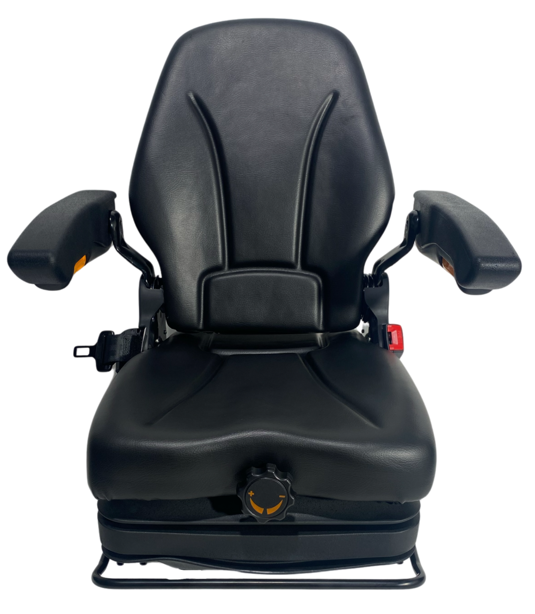 Front view of SW10A mechanical suspension seat with armrests and narrow design for small excavators and compact machinery