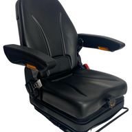 Right side profile of SW10A suspension seat showing low suspension height, adjustable backrest, and lap seatbelt