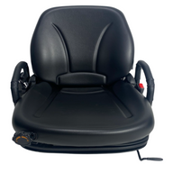 Front view of SW11 mechanical suspension seat with molded backrest and integrated lap seatbelt for forklifts and construction machinery