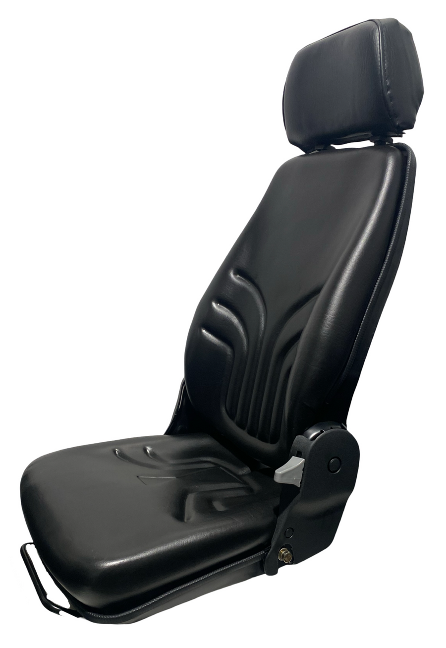 Side view of SW8U machinery seat showing contoured backrest, headrest, and double locking slide rails for secure positioning. Narrow width design.