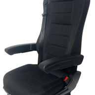 Left side view of SX8150 M3/N3 rated suspension seat with lumbar support, adjustable headrest, and durable fabric trim
