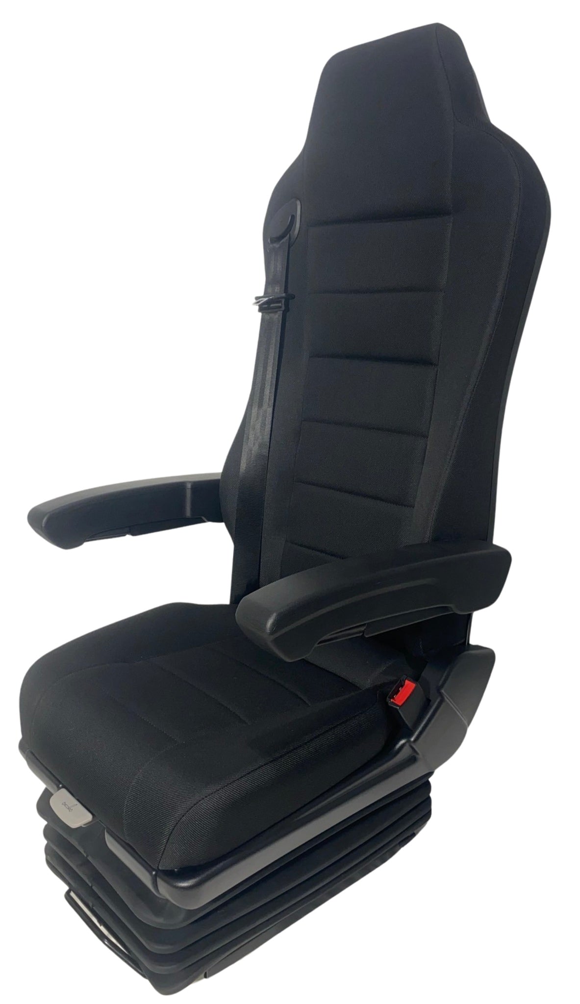 Left side view of SX8150 M3/N3 rated suspension seat with lumbar support, adjustable headrest, and durable fabric trim