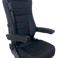 Right side profile of SX8150 suspension seat showing adjustable armrest, seatbelt system, and ergonomic side controls