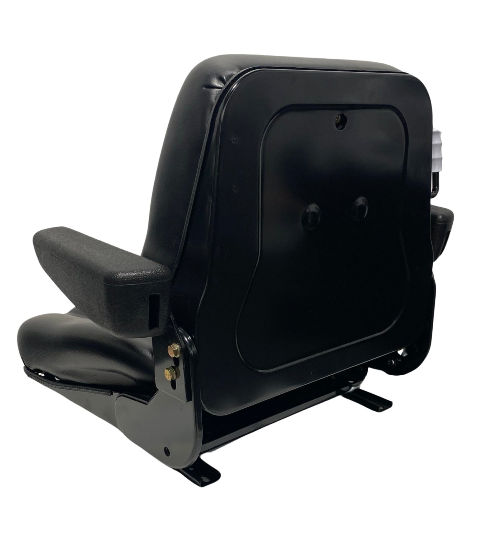 Rear view of mechanical suspension seat with durable black vinyl trim, seatbelt integration, and operator safety features