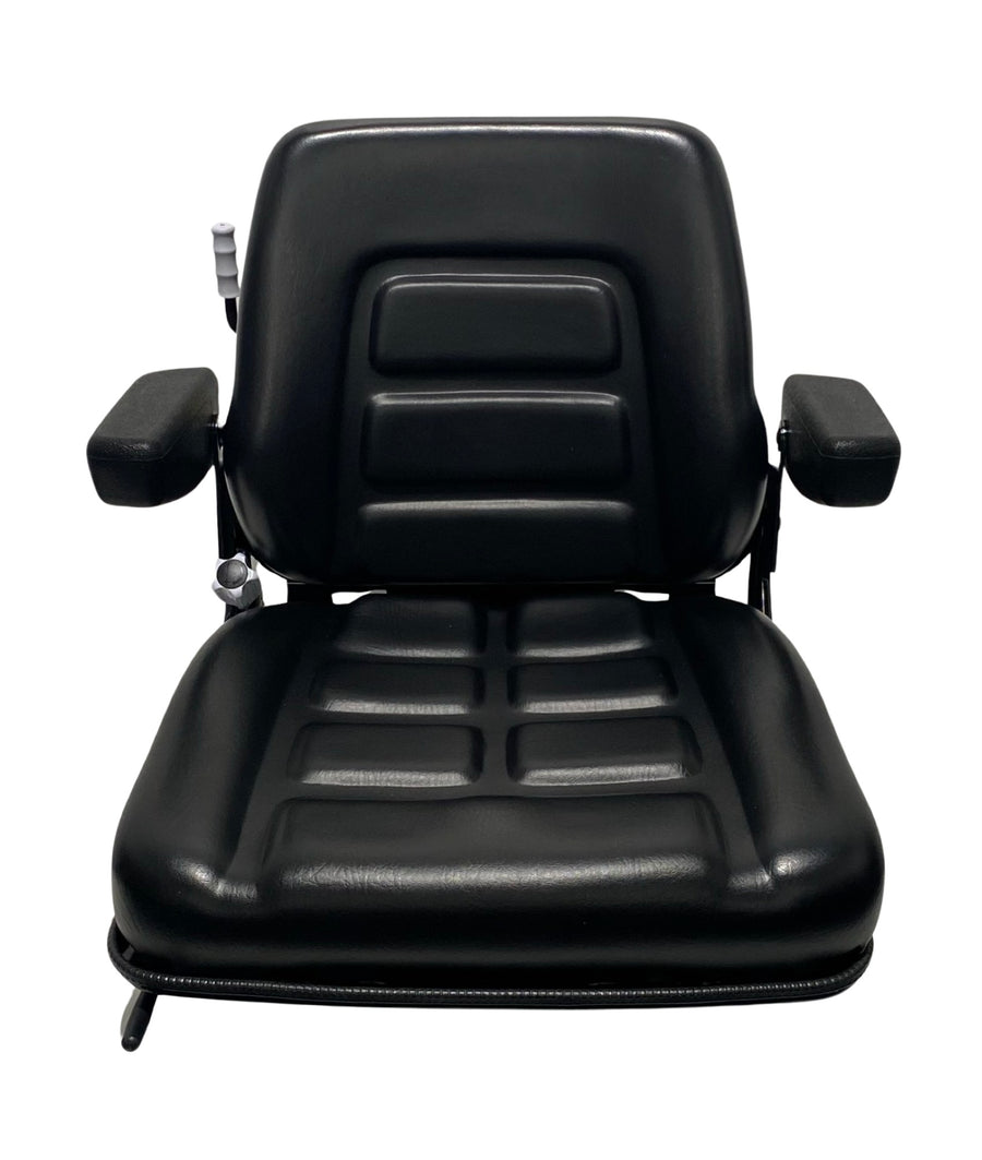 Front view of universal mechanical suspension seat in black PU vinyl – ideal for forklifts, construction, and material handling machinery