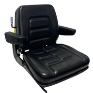Right side profile of mechanical suspension seat with adjustable backrest, armrest, and single locking slide rails for small machinery use