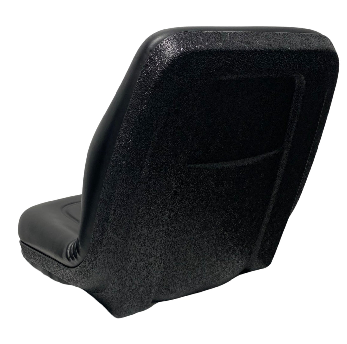 Rear view of fixed-back compact tractor and mower seat with premium waterproof vinyl upholstery and operator switch compatibility